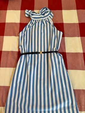 JCrew factory shift halter dress in blue & white stripes, size 00.